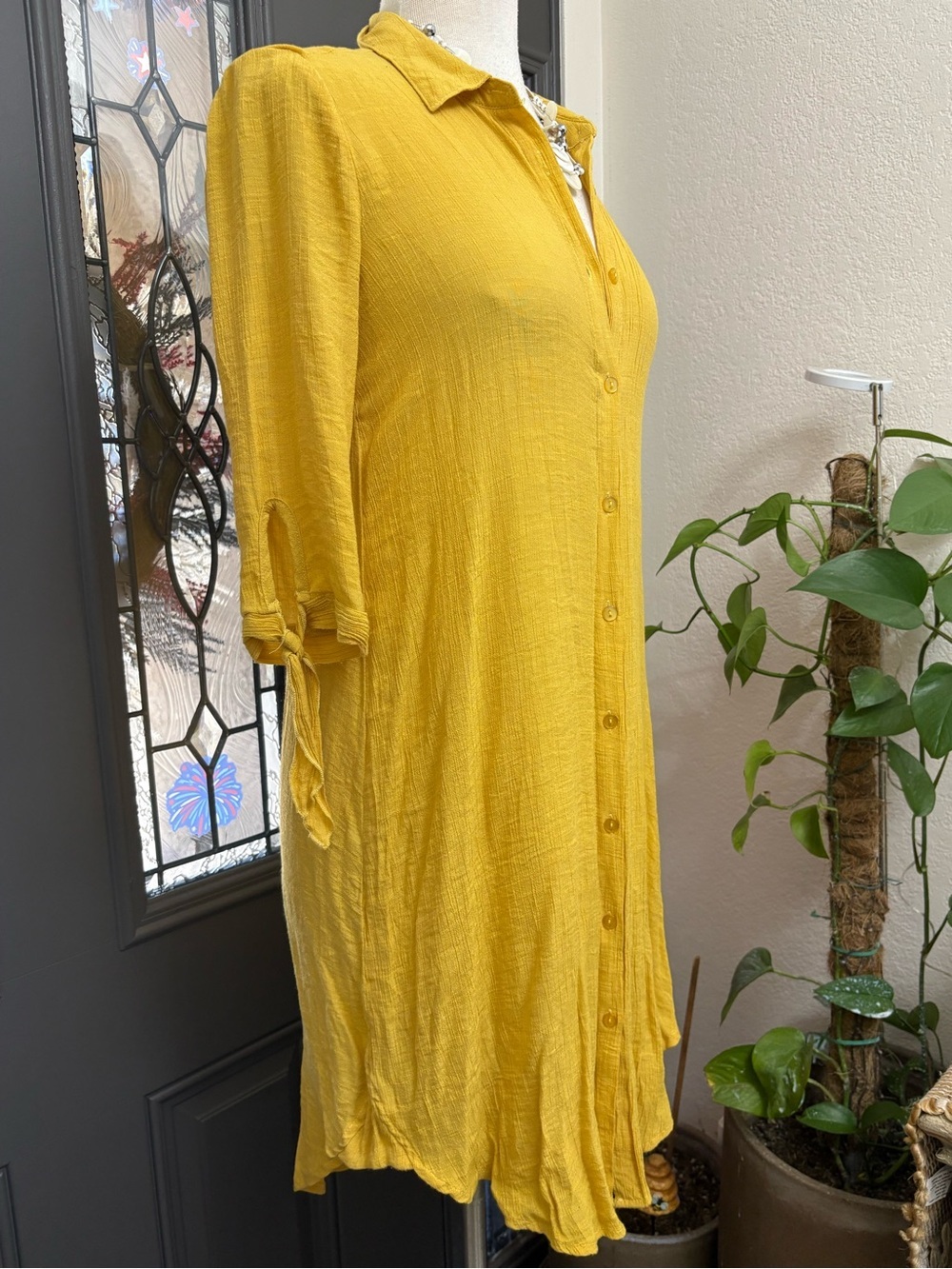 Mlle Gabrielle Mustard Yellow Textured Button Front Shirt Dress | Size S - Picture 4 of 8